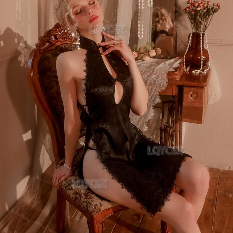 Quality Women Sexy Lace Cheongsam Sleeping Dress Temptation Lingerie Hanging Neck Fairy Backless Satin Nightgown Nightdress