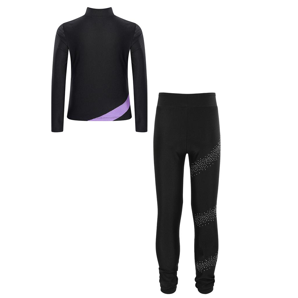 Mädchen Eiskunstlauf Outfit Kontrastfarbe Langarm Stehkragen Reißverschluss Sweatshirt Strasssteine Verziert Leggings Set