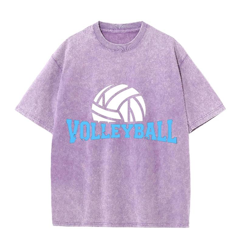 Volleyball Print Vintage Washed Black T Shirt Men Sports Casual Short Sleeve Tee