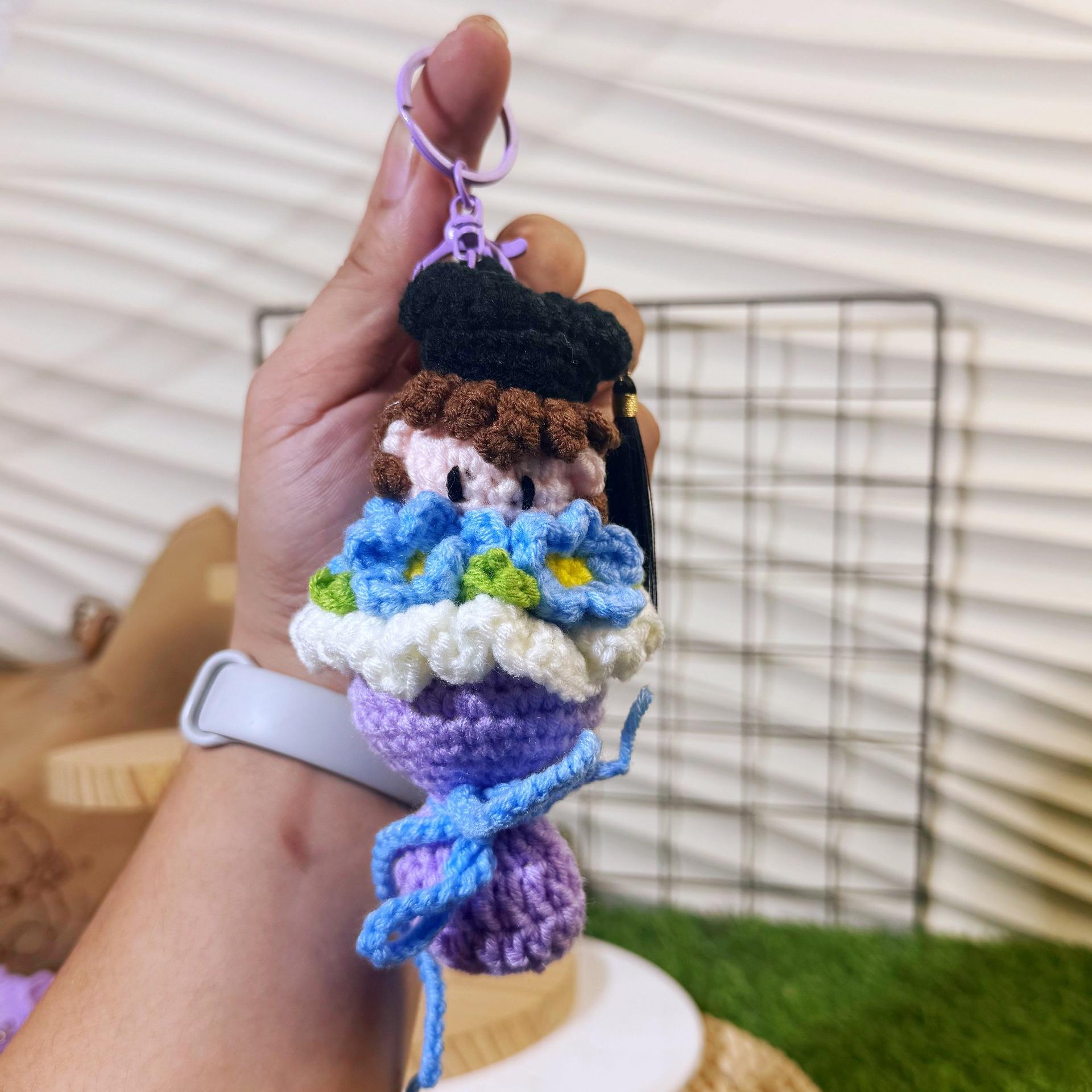 Hand Knitted Doll Keychain, Wool Crochet Bag Pendant, Cute Accessory & Graduation Gift