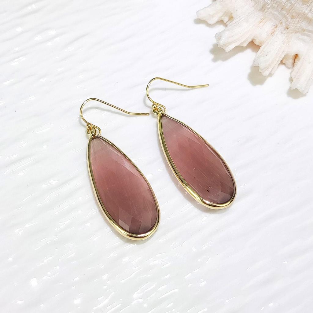 Green Cat's Eye Faceted Teardrop Pendant with Natural Stone and Crystal Earrings