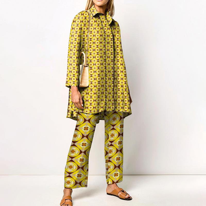 Grünes geometrisches Print Damenhemd und Wide Leg Hosen Kombinationsset