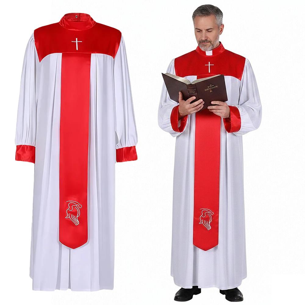 Halloween Priester Cosplay Kostüm Mönch Kirche Mittelalter Priester Robe Bedruckt Stehkragen Minister Klerus Bühnenauftritt Robe
