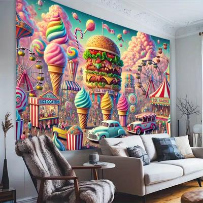 2D Cute Carnival Wall Hanging, Sweet Hamburger Ice Cream Pattern Tapestry for Home & Dorm Room Decoration
