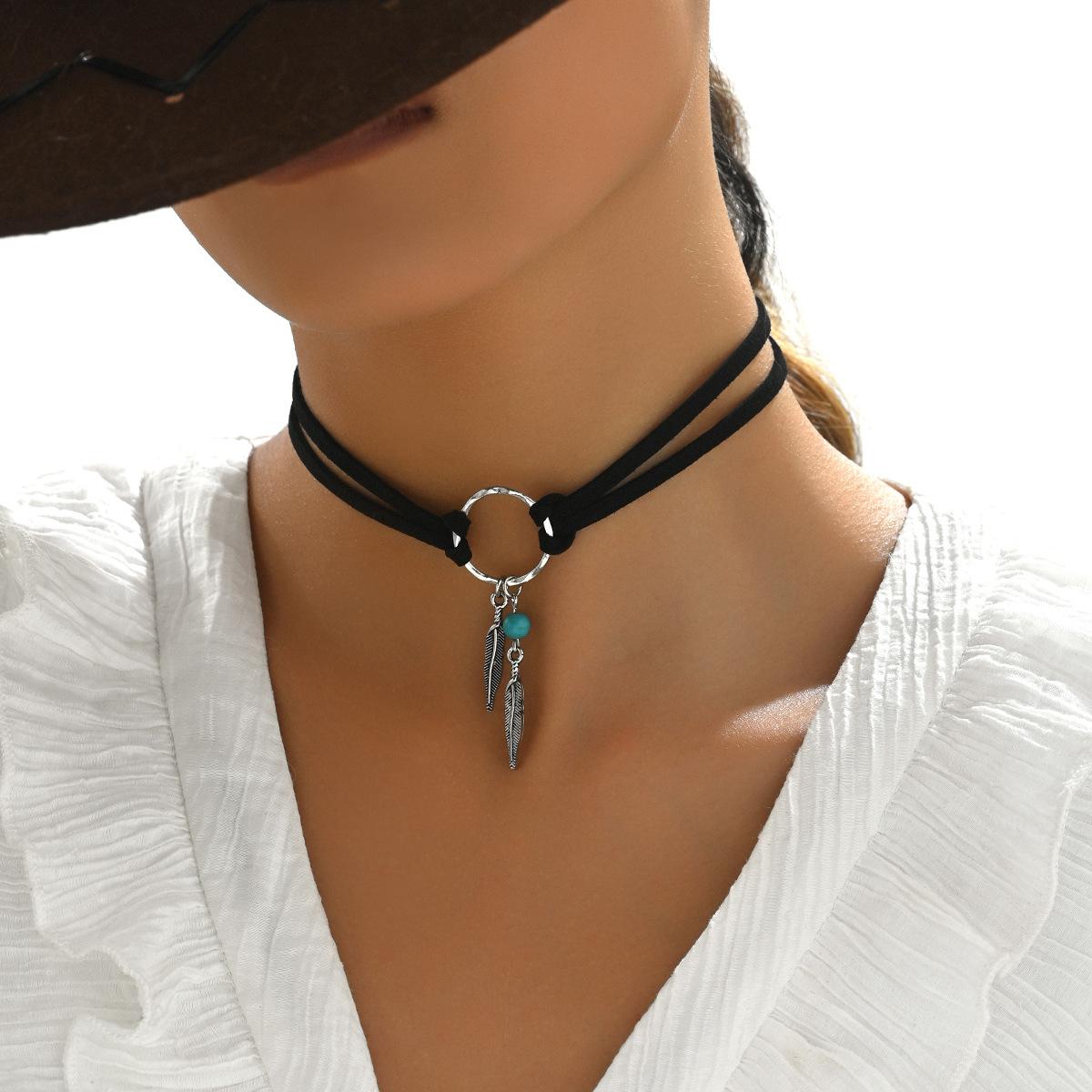 

Bohemian Ethnic Accessories Turquoise Pendant Vintage Leather Necklace