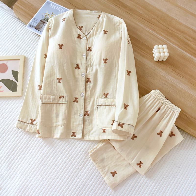 2022 Cotton Gauze Pajama Set with Chest Pads - Summer & Autumn Long Sleeve Women's Homewear