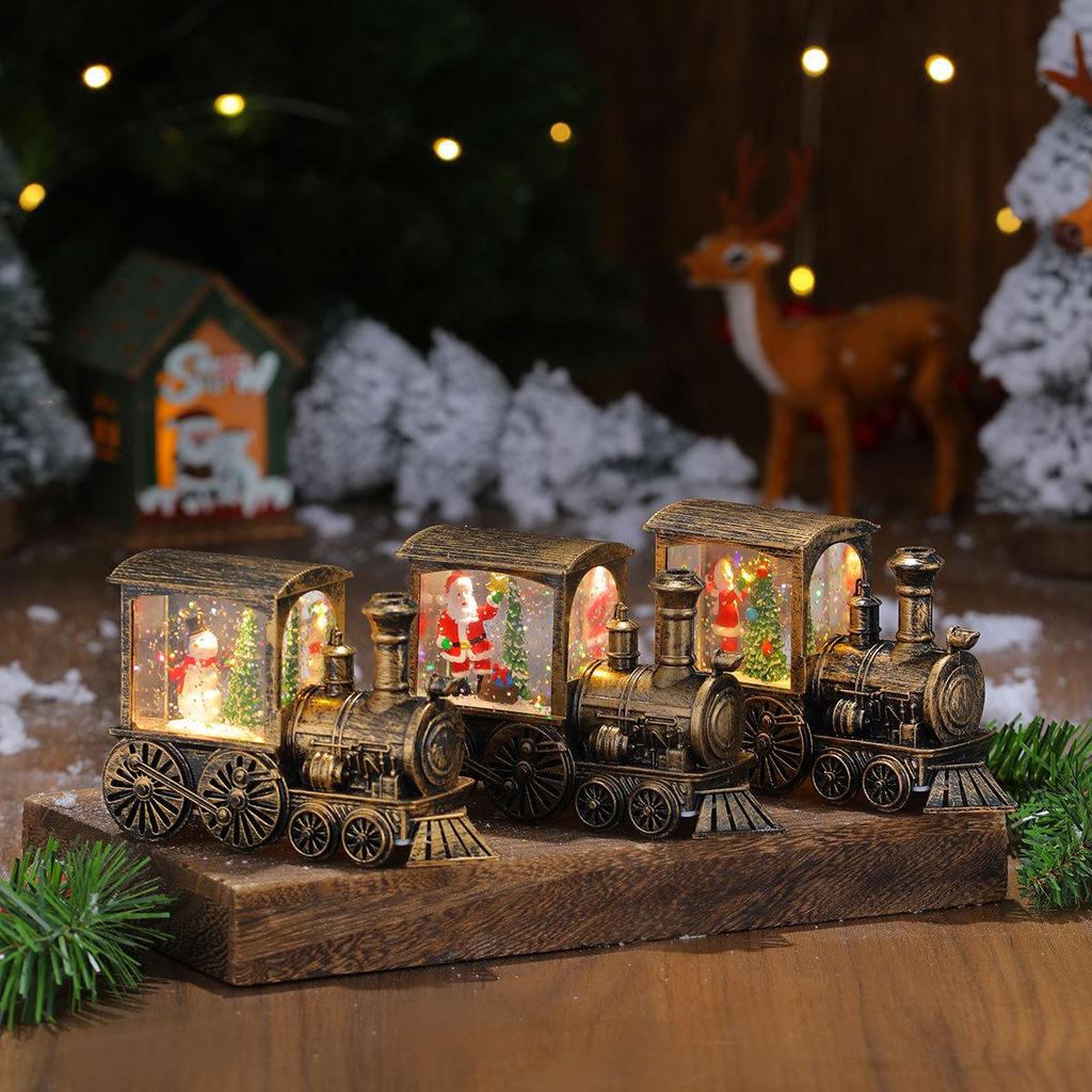 Creative Gold-Brushed Christmas Locomotive Ornament with Luminous Water-Filled PVC Night Light