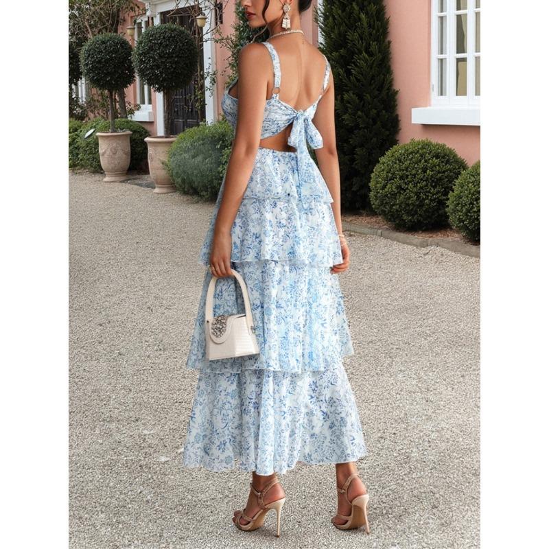 Elegant and Refined Floral Halter Cake Dress for Women's Spring and Summer