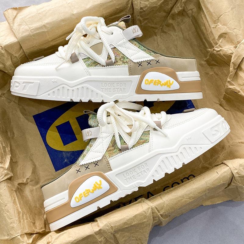 

Men s shoes new summer breathable mesh outer wear casual board shoes one pedal thick-soled bag head canvas half slippers 43 хаки