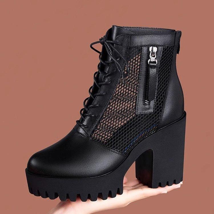 Soft leather mesh boots hollow mesh cool boots year summer breathable high thick heel thick sole Martin short boots