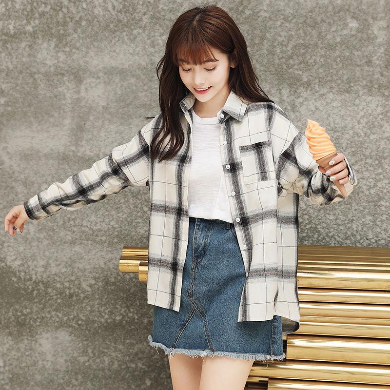 Women's Korean Style Plaid Long Sleeve Shirt, 2023 Chic Loose Fit, Versatile Student Fashion, Hong Kong Spring/Autumn Top.