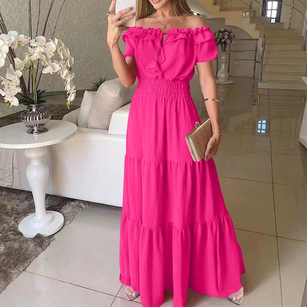 Women's Summer Casual Solid-color Tie Dress With Fringes, Strapless Cuffs And Puffed Sleeves