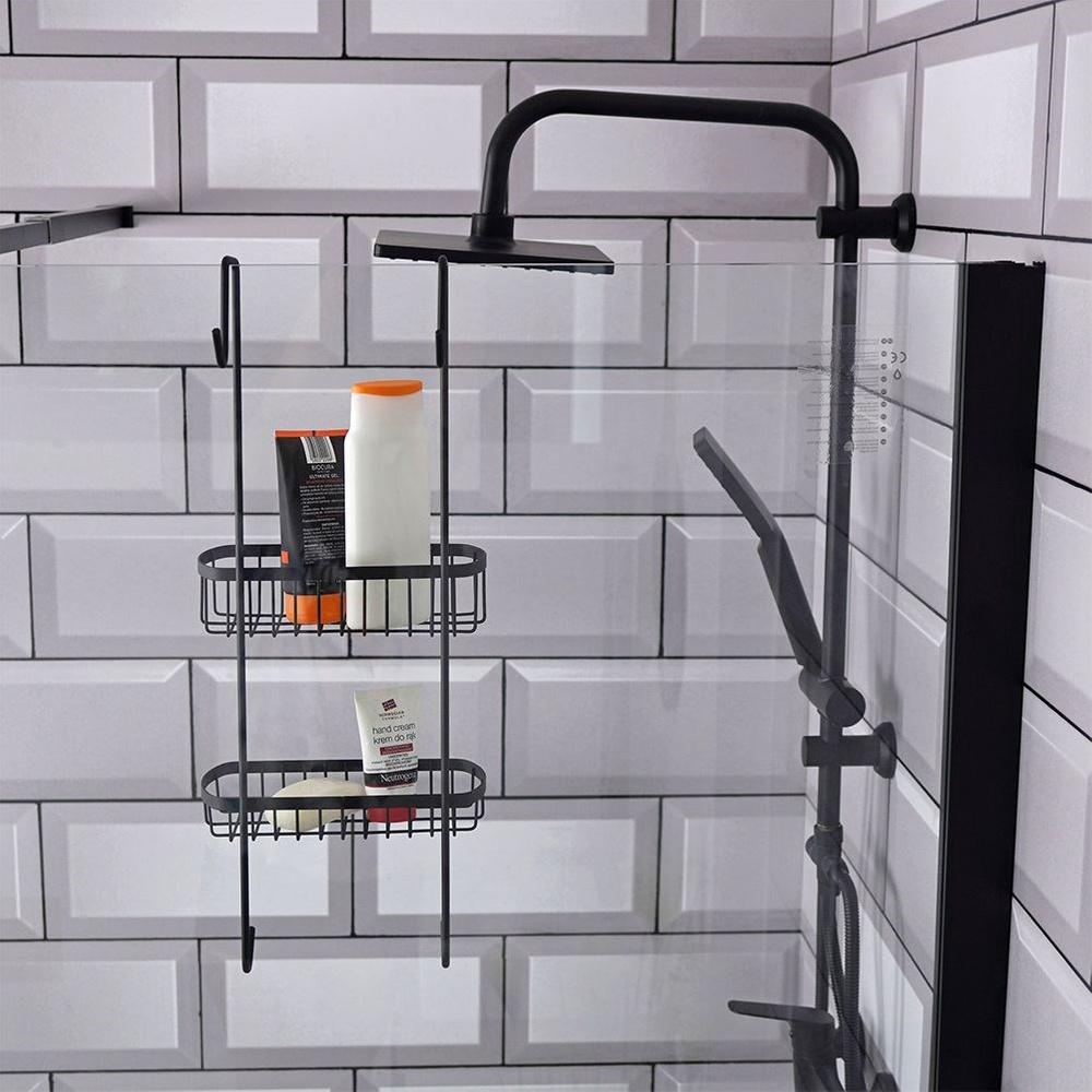 Bathroom Shelf Hanging on the Glass of a Shower Cabin for Cosmetics