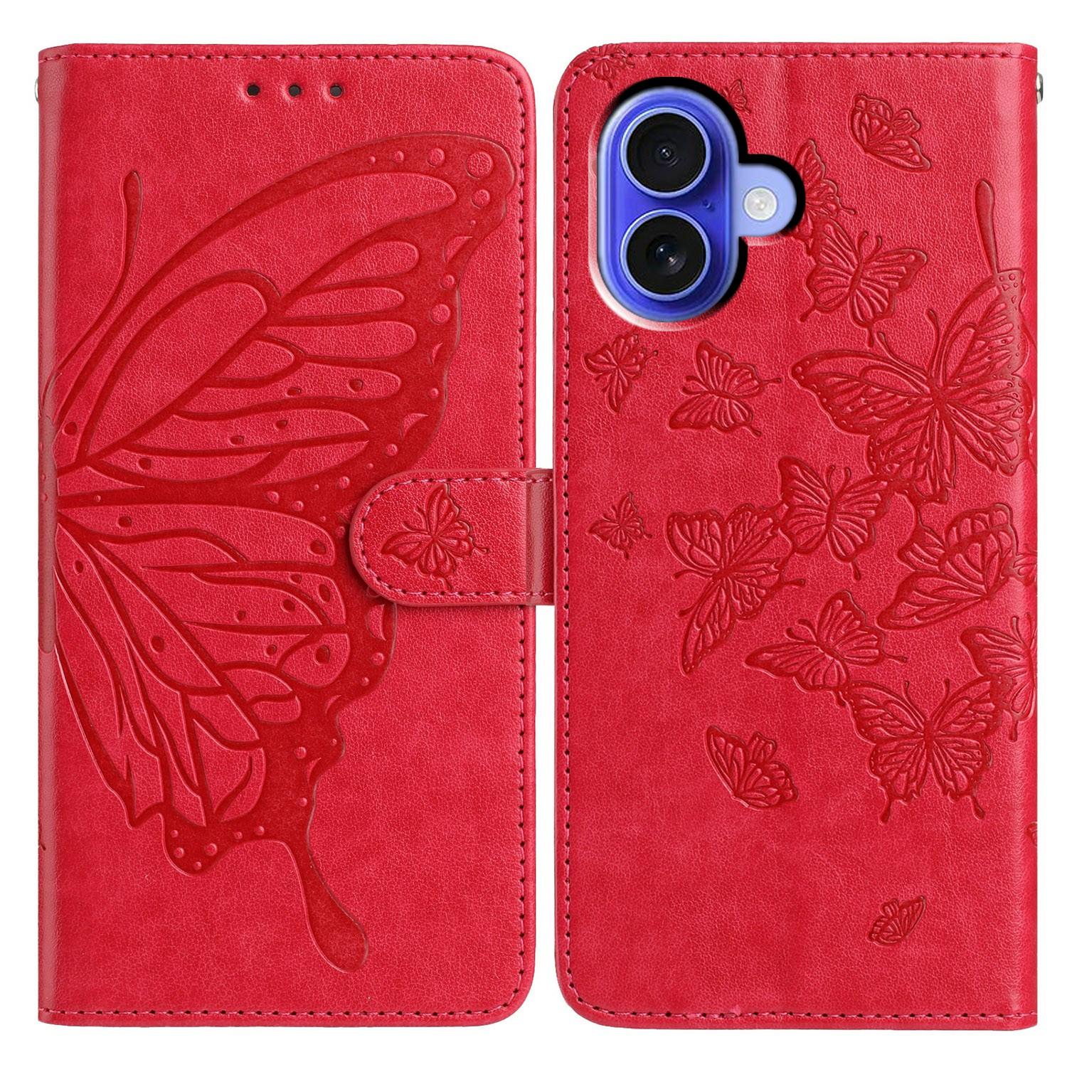 For iPhone 16 Plus Case Butterfly Imprinted Wallet Stand PU Leather Flip Phone Cover with Strap E