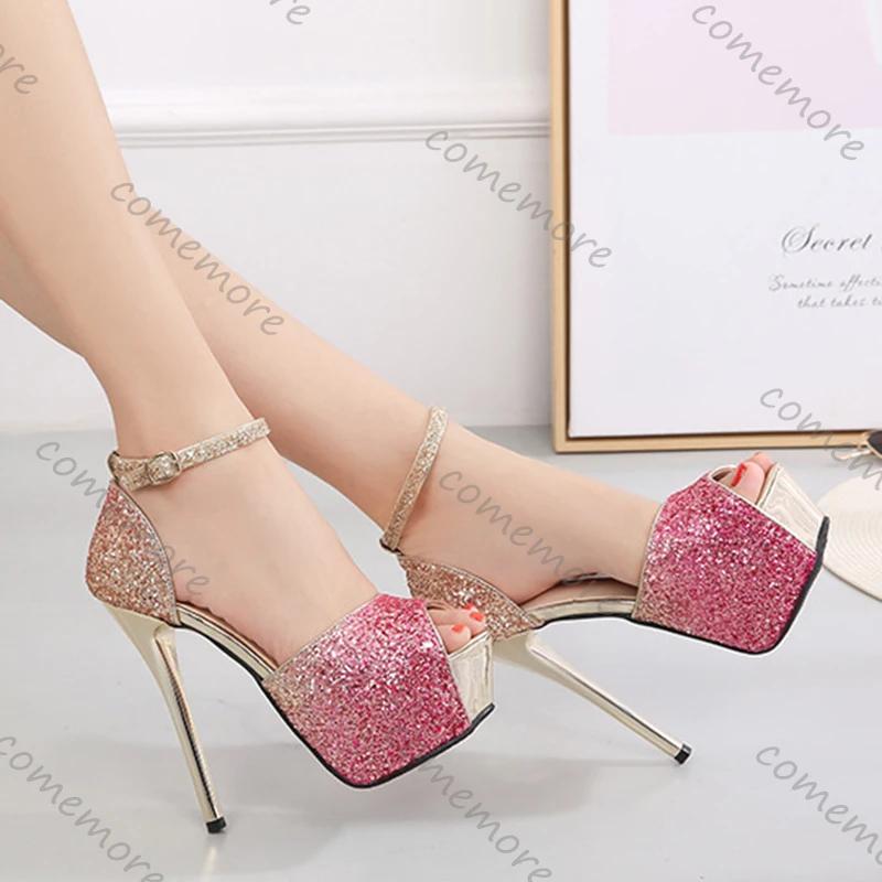 Fashion Comemore Summer Women Peep Toe Sandals Gradient Color Platform Bling Sequin High Heels 14CM Stiletto Nightclub Pole Dancing Shoe