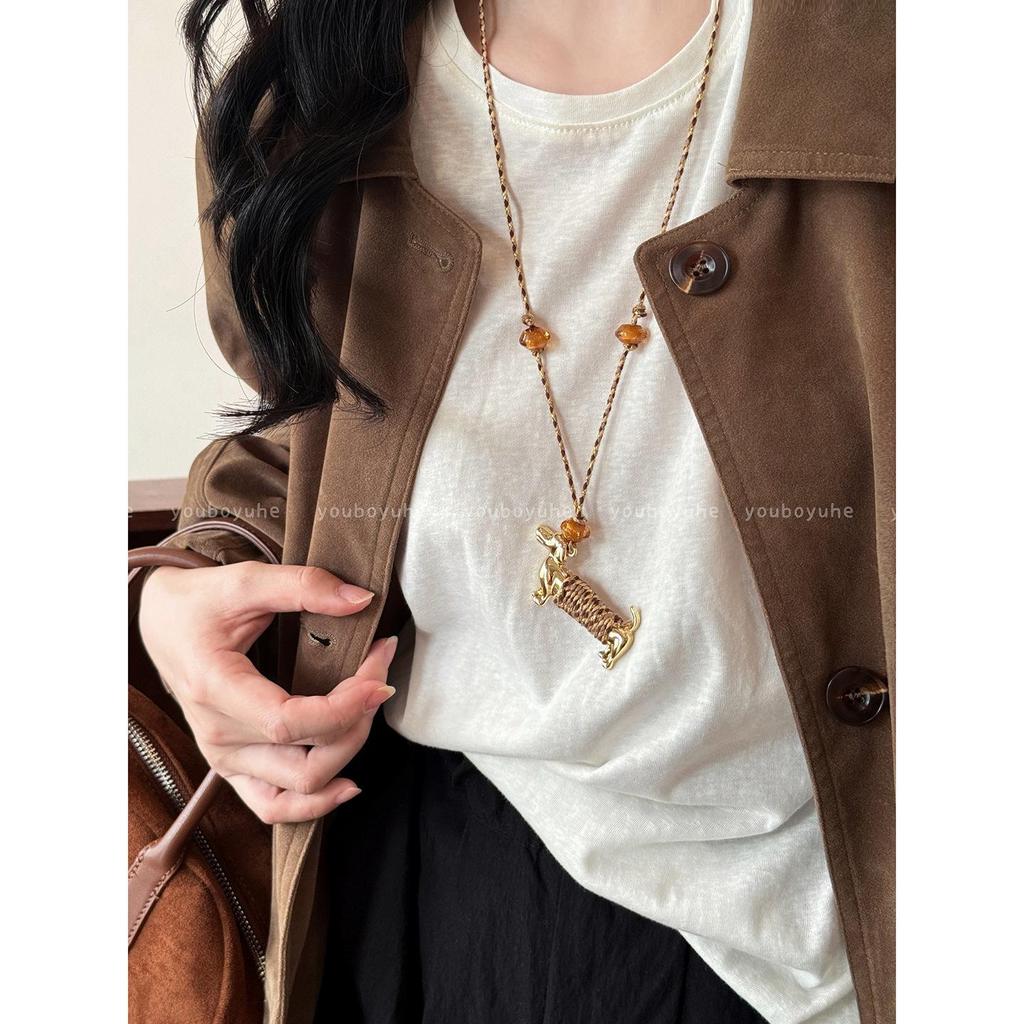 Exquisite Metal Sausage Puppy Pendant Necklace - Women's Long Sweater Chain with Woven Cord, Niche Design