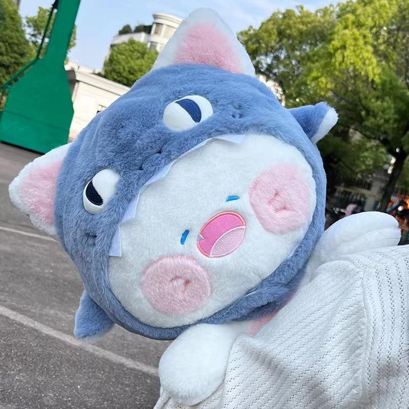 Creative Shark Cat Plushie with Removable Hat Cute Hooded Animal Cat Plush Toy Doll for Cosplay Birthday Gift