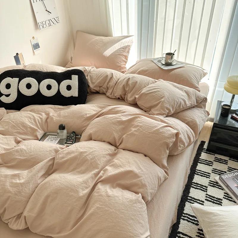 Washed Cotton Bed Linen Bedding Set 3/4 Pieces Bed Sheets Set Solid Color Comforter Cover Couple Queen King Size Bed Quilt Cover