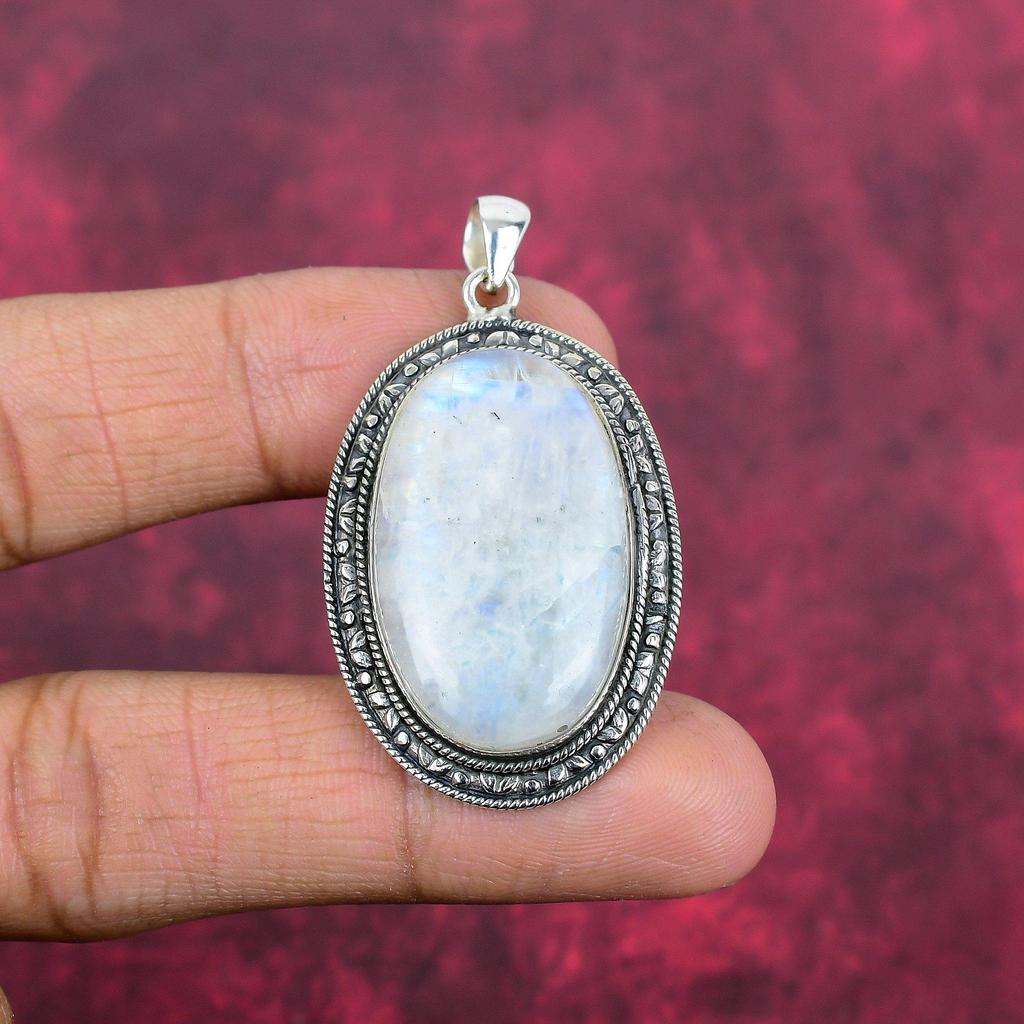Regenbogen Mondstein Anhänger Edelstein Schmuck, 925 Sterling Silber Anhänger, handgemachter schöner Schmuck Anhänger