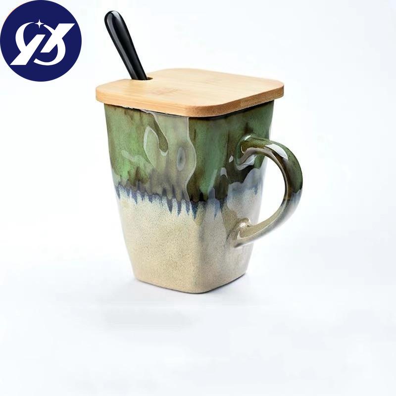 Creative Flow Glaze Square Coffee Mug With Spoon and Lid Retro Tea Cup Simple Household Matte Color Ceramic Milk Water Cup Gift