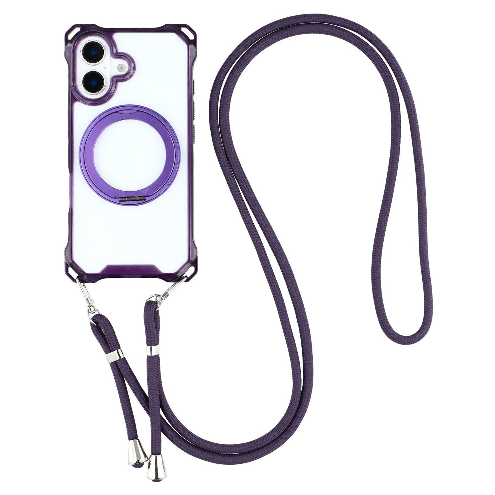 

For iPhone 16 Magnetic Case Ring Kickstand TPU + PC Phone Cover with Lanyard F