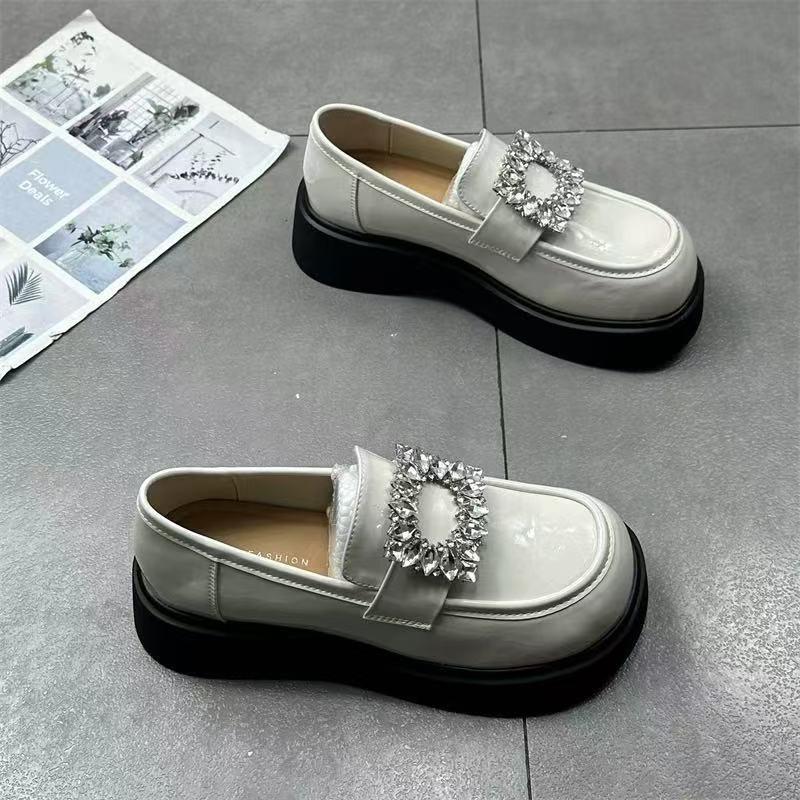 2025 new platform loafers women's black small leather shoes high-end rhinestone thick heel spring and autumn British Mary Jane shoes