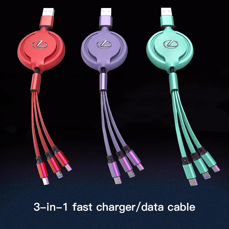 AIX1 Car 3 in 1 USB Cable Type C Micro USB Fast Charging Cable For Lexus GS IS LS500h ES260 ES300h RX350h NX260 UX260 LM LC RZ450e TX
