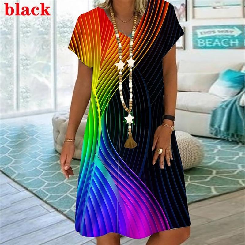 Rainbow Striped 3D Print Women Dress Elegant Sweet Casual V-Neck Short Sleeve A-Line Dress Summer Fashion Oversized Clothing