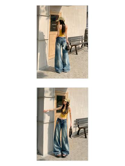 Women's Retro Washed Wide-Leg High-Waisted Slimming Floor-Length Spring Jeans