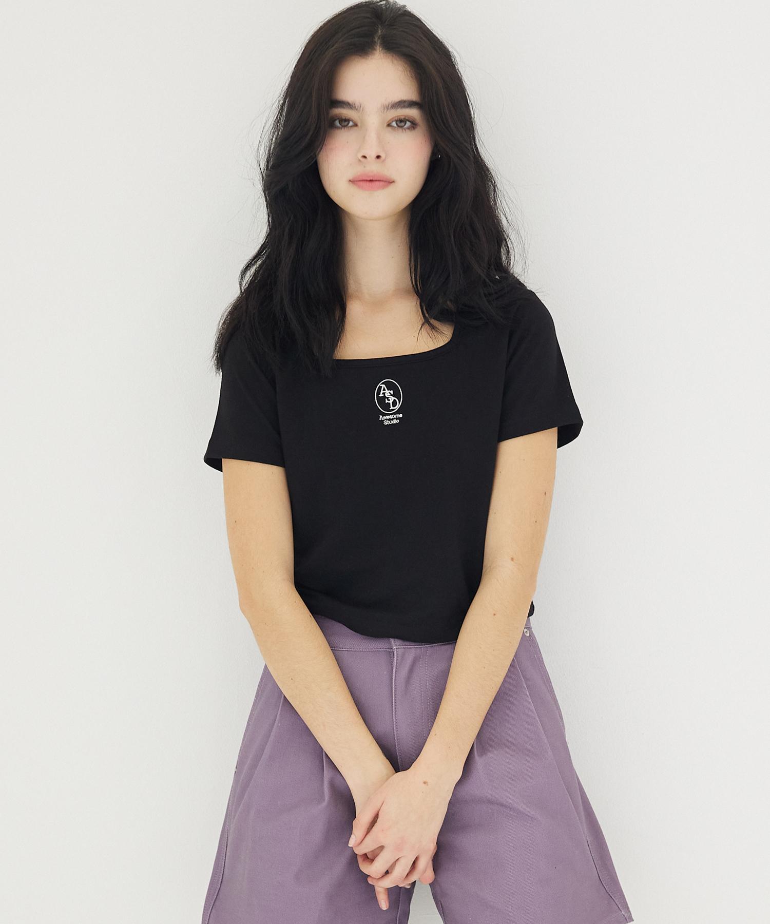 Awesome Studio Square Neck Crop T-Shirt Black Melange Grey/Free