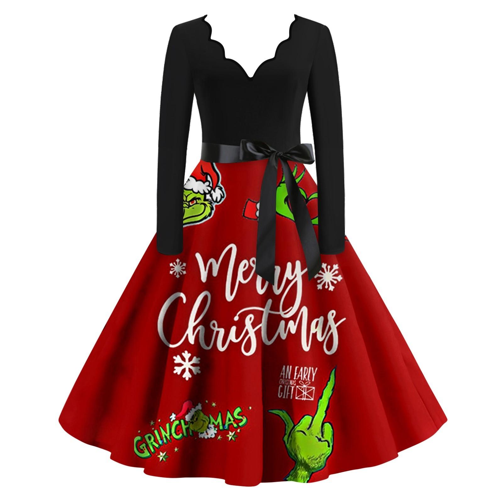 

Женское облегающее платье свободного кроя с рождественским принтом, контрастной строчкой, V-образным вырезом и длинными рукавами S красный