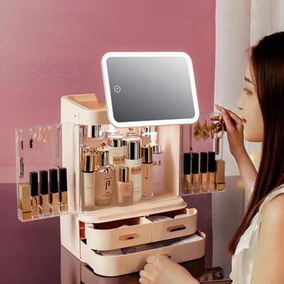 Cosmetics Storage Box with Mirror All-in-one Desktop Dust Skin Care Products Large Capacity Vanity Shelving