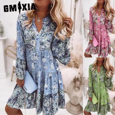 Damenmode Böhmischer Blumendruck V-Ausschnitt Mini Kleider Lässig Locker Elegant Damen Strandparty Glockenärmel Kleid