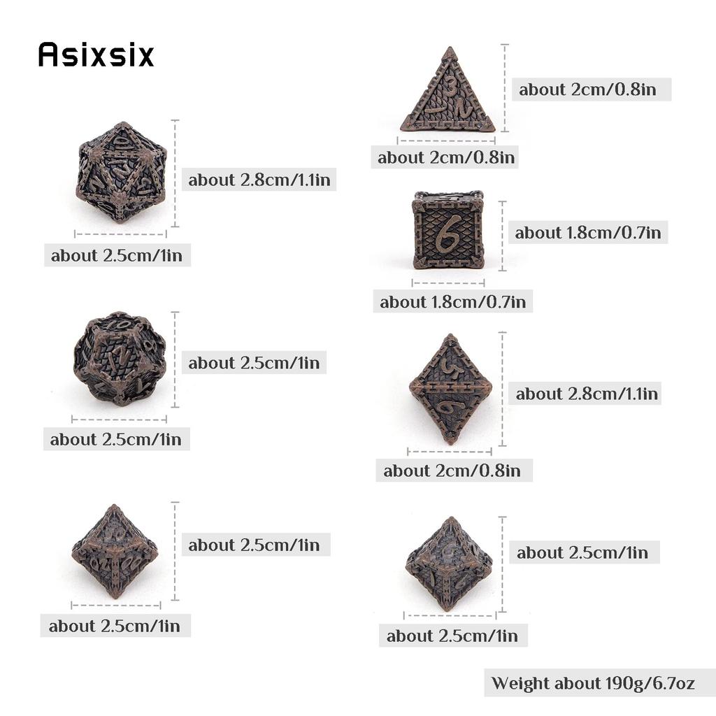 7 Stück braune Fischschuppen-Metallwürfel aus massivem Metall, polyedrisches Würfelset, geeignet für Rollenspiele, RPG-Brettspiele, Kartenspiele
