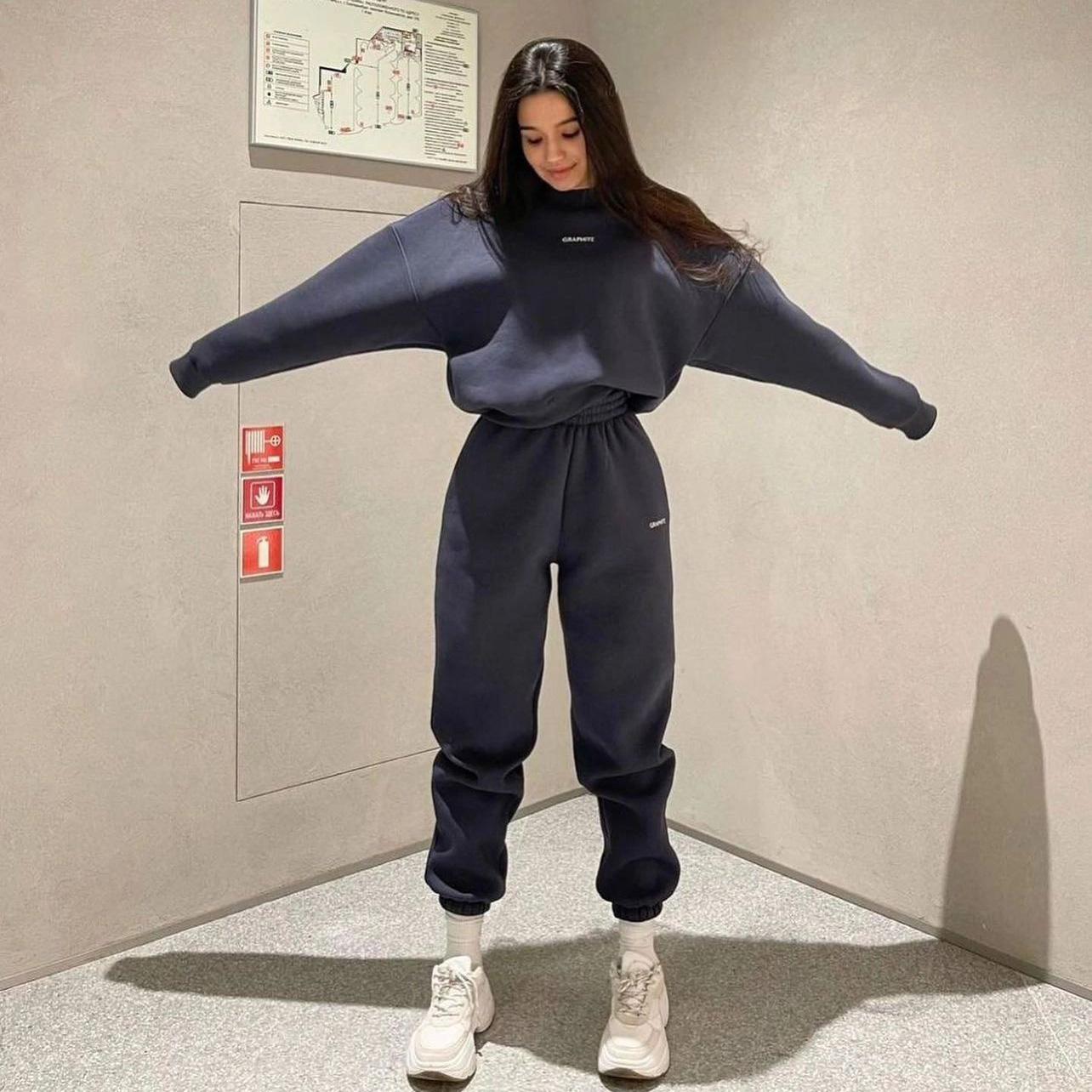 

Женский однотонный костюм с длинным рукавом и круглым вырезом, осенне-зимний свободный верх, широкие брюки XL темно-синий