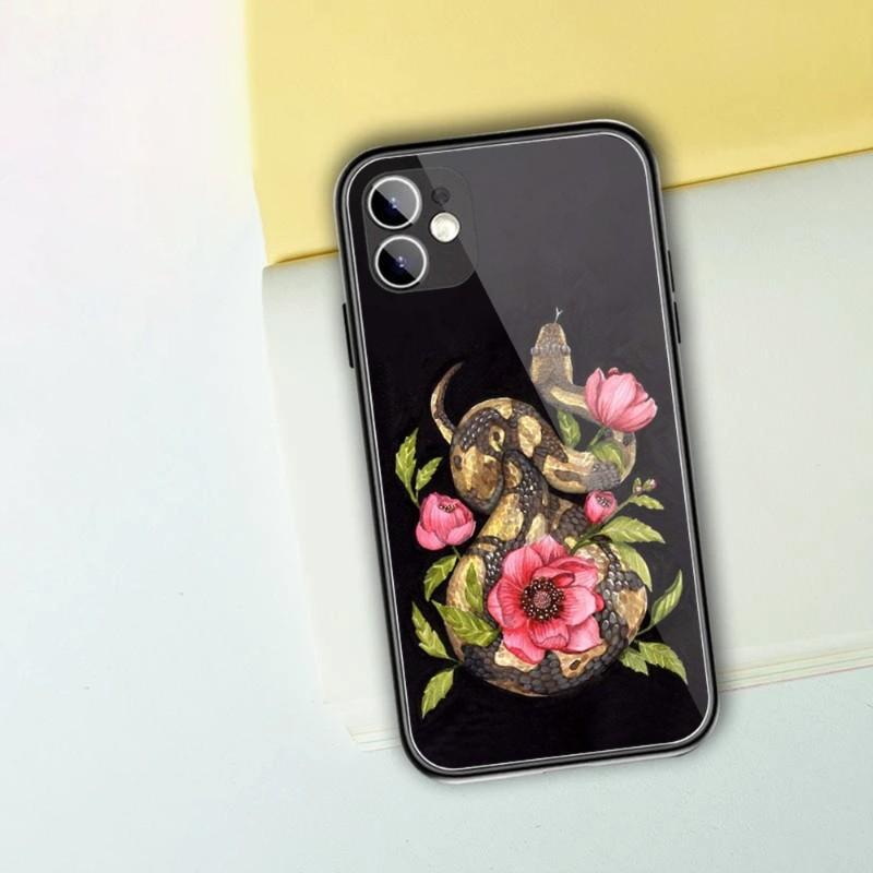 Snake And Flower Phone Case For IPhone 14 13 12 11 XS X 8 7 6 Plus Mini Pro Max SE 2022 Black PC TPU Glass Phone Cover