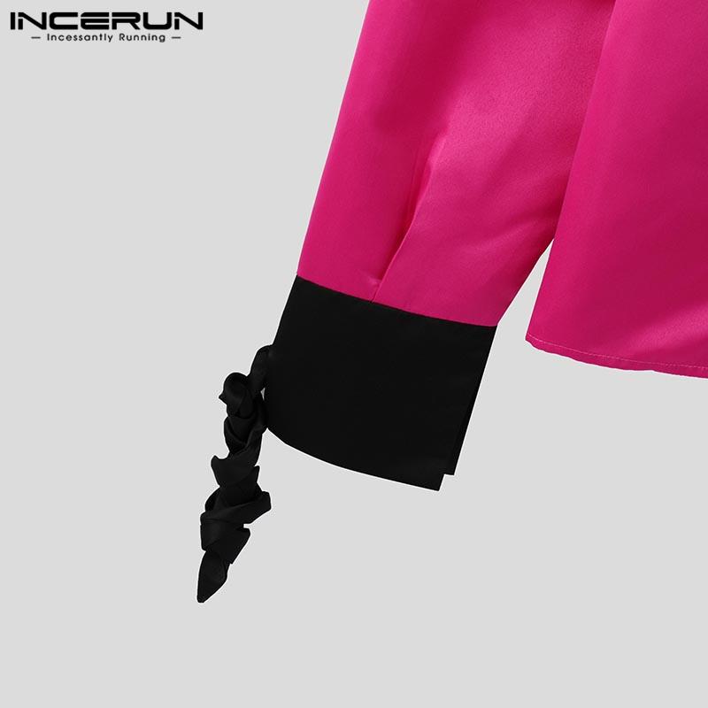 INCERUN Men Lapel Neck Long Sleeve Satin Shirts Solid Color Bandage Hollow Front Cross Tops