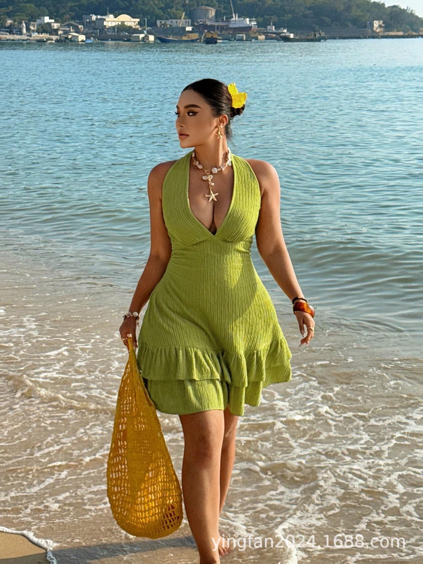European and American Vacation Deep V Ruffle Dress Large