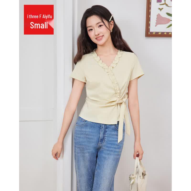 IEF 2026 Summer Petite French Style V-Neck Blouse L