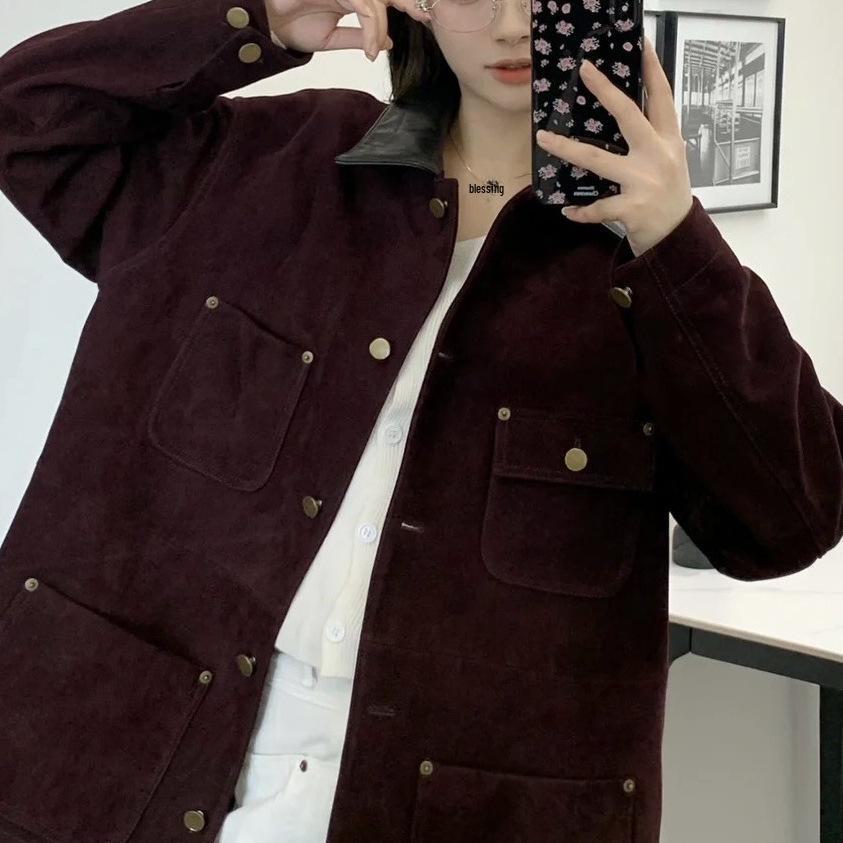 2024 Women's Retro Suede Velvet Lapel Jacket - Wine Red