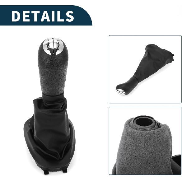 5 Speed Manual Gear Shifter Knob with Cover for Renault Clio II | Gearbox Stick Shifter Lever Knob Black Chrome Silver Tone Plastic Faux Leather 1 Pc