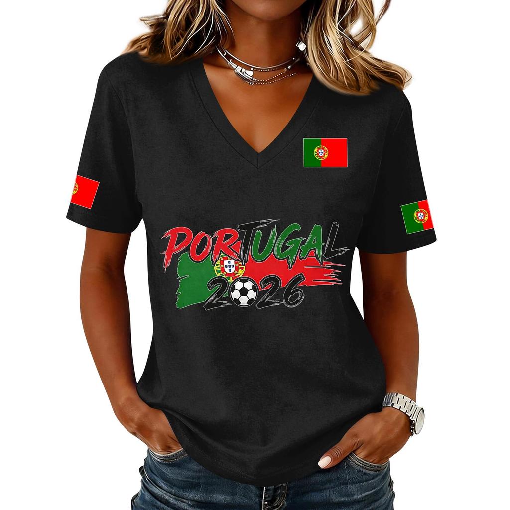 Women's Casual V Neck Short Sleeve Pullover Top with Soccer Flag Print Portugal 2026 Support Shirt for Fans and Sports Events