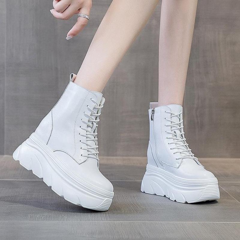 Fashion 2025 Women White Ankle Boots Increase Height Thick Sole Winter Outdoor Leisure Shoes For Girls Spring Autumn Motorcycle Booties