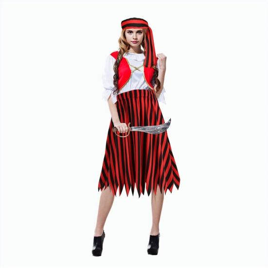 2ks/sada Dámská pirátská cosplay sukně s páskem Nepravidelný lem Elastický pas Pruhovaná sukně Oblečení s renesančním motivem
