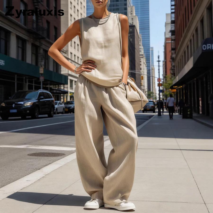 New Spring Summer Women s Sleeveless Top Pants Fashion Casual Solid Color Set Outfit XS абрикосовый