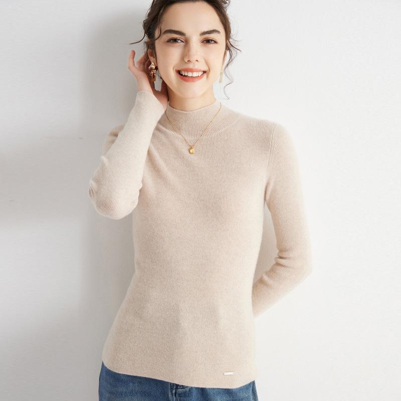 Women's 100% Pure Cashmere Ribbed Slim Fit Half-High Neck Sweater - Long Sleeve Gentle Style Base Layer