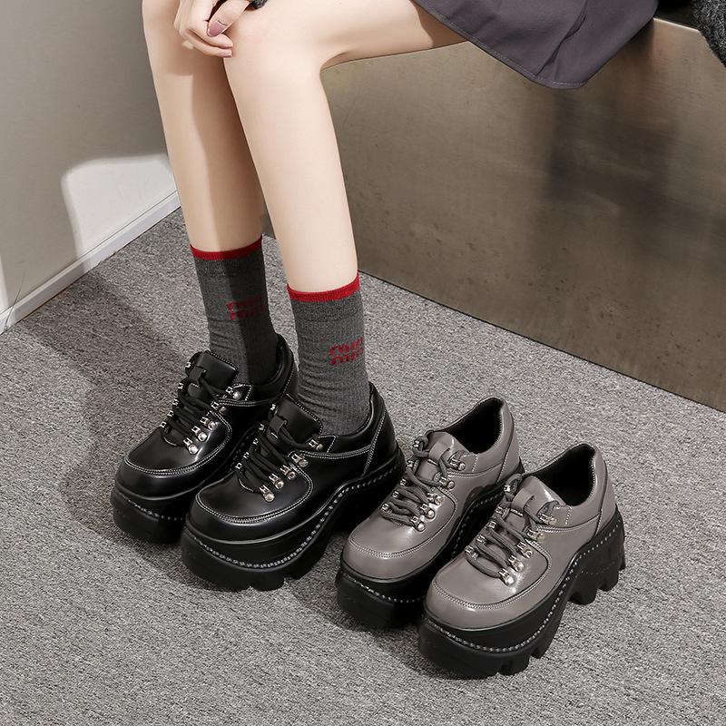 Goth Babes Rock Dark Punk Round Head Heightening Versatile Lace-up Platform Muffin Shoes Subcultural Small Leather Shoes