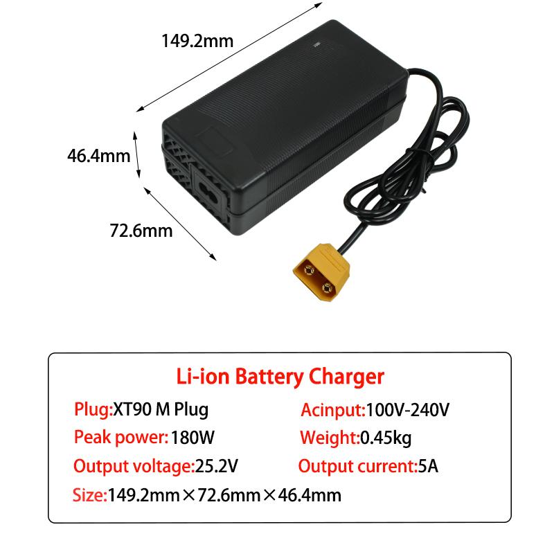 

25.2V 5A 10A Li-ion Fast Charger For 6S 21.6V 22.2V Lithium Electric Tool Battery Charger DC XT60 XT90 Connector Input 100-240V EU Plug