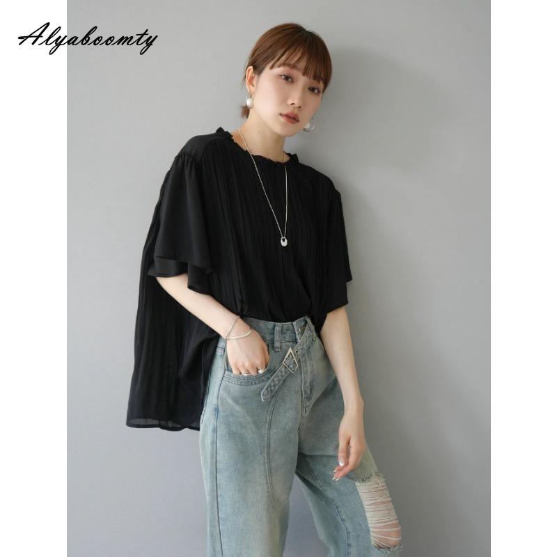 Korean Style Spring Summer Women Casual Loose Blouse Ruffled Collar White Black Pleated Blouse Batwing Sleeve Elegant Office Lady Blouse