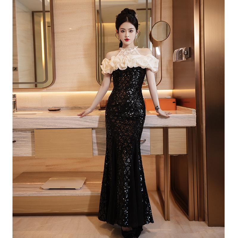 Black Neck Sequined Evening Dress Skirt Banquet Temperament Host Light Luxury Niche Adult Ceremony Fishtail Annual Meeting Dress